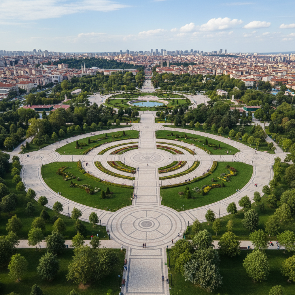 İstanbul'daki bir parkın yukarıdan görünümü; yürüyüş yollarında hareketli insanlar